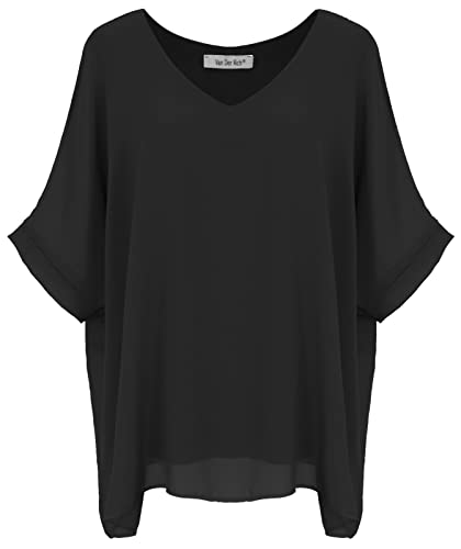 Van Der Rich ® - Bluse Locker aus Voile Chiffon V-Ausschnitt mit Innenfutter - Damen (Schwarz, M-L) von Van Der Rich
