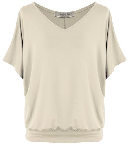 Van Der Rich ® - Tshirt Oversize Kurzam V Ausschnitt unifarben - Damen(Beige, L) von Van Der Rich