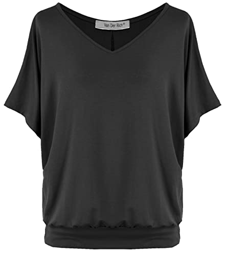 Van Der Rich ® - Tshirt Oversize Kurzam V Ausschnitt unifarben - Damen(Schwarz, L) von Van Der Rich