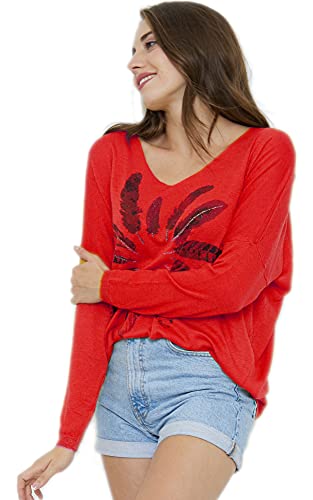 Van Der Rich ® - Pullover mit V-Ausschnitt Wollmischung Strick (Einheitsgröße 38 bis 44) - Damen (Rot, TU) von Van Der Rich