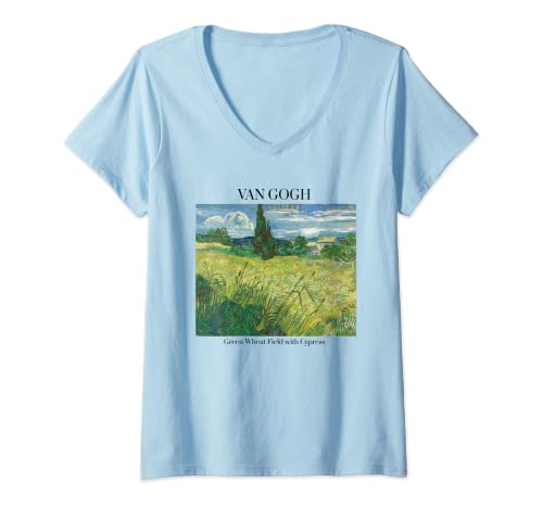 Damen Van Gogh Green Field mit Zypresse, Vincent Van Gogh T-Shirt mit V-Ausschnitt von Van Gogh Art Gifts and Vincent Van Gogh Art