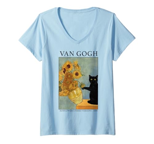 Damen Van Gogh Schwarze Katze mit Sonnenblumen Lustige Katze T-Shirt mit V-Ausschnitt Damen Van Gogh Schwarze Katze mit Sonnenblumen Lustige Katze T-Shirt mit V-Ausschnitt von Van Gogh Black Cat With Sunflowers tee