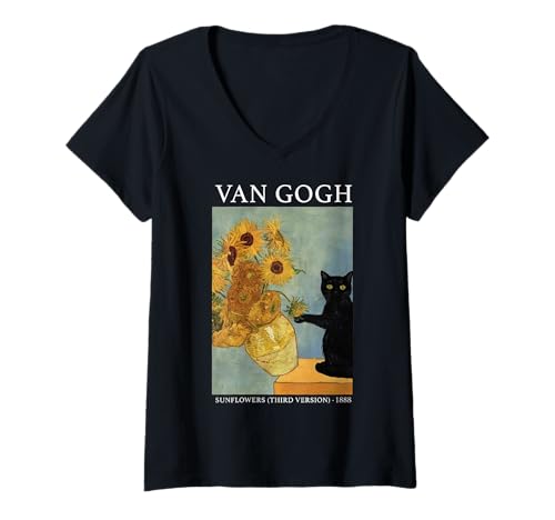 Damen Van Gogh Schwarze Katze mit Sonnenblumen Lustige Katze T-Shirt mit V-Ausschnitt Damen Van Gogh Schwarze Katze mit Sonnenblumen Lustige Katze T-Shirt mit V-Ausschnitt von Van Gogh Black Cat With Sunflowers tee