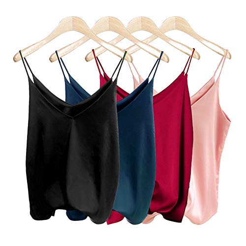 Van Royal Damen Camisole Tops Tees Tank Damen Cami Top Soft Satin Sexy V-Ausschnitt Crop Top Elegant, Weinrot+schwarz+marineblau+rosa, Mittel von Van Royal