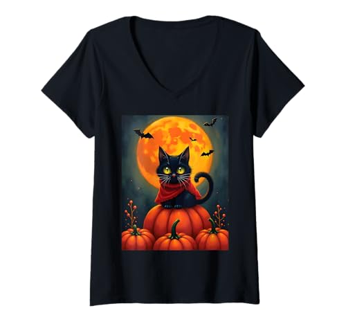 Damen Lustiges Retro-Kürbis-Kostüm für Herbst und Herbst, Schwarz T-Shirt mit V-Ausschnitt Damen Lustiges Retro-Kürbis-Kostüm für Herbst und Herbst, Schwarz T-Shirt mit V-Ausschnitt von Van. Gogh Cat Pumpkins Fall Autumn Halloween