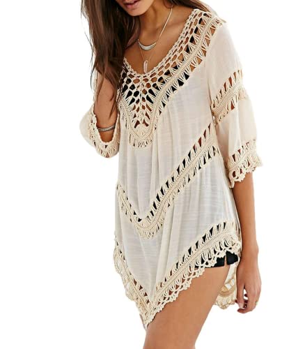 Vanbuy Damen-Tunika, Boho-Stil, V-Ausschnitt, gehäkelt, Bluse, Hemd, Strand-Badeanzug, Überzug, Beige, Mittel von Vanbuy
