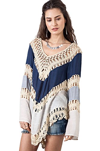Vanbuy Damen-Tunika, Boho-Stil, V-Ausschnitt, gehäkelt, Bluse, Hemd, Strand-Badeanzug, Überzug, Blau, Groß von Vanbuy