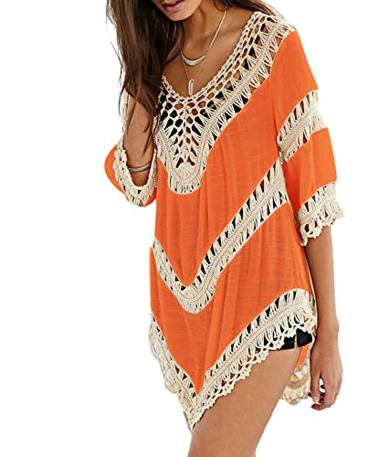 Vanbuy Damen-Tunika, Boho-Stil, V-Ausschnitt, gehäkelt, Bluse, Hemd, Strand-Badeanzug, Überzug, hellorange, Large von Vanbuy