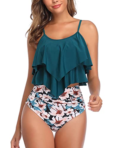 Bikini Set Damen Zweiteiliger Badeanzug Falbala Rüschen Tankini Bedruckt High Waist Bauchweg Bikinihose Bademode Strandkleidung Sommer,A M von Vancavoo