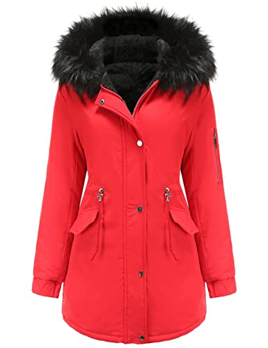 Damen Winterparka Mantel Winterjacke Parka Daunenmantel Herbst Winter Warm Kunstfellkragen Kapuzenmantel mit Tasche,rot M von Vancavoo