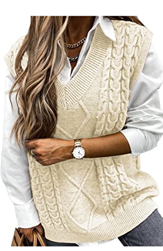 Pullunder Damen Ärmellos Pullover Vest Vintage Casual Strickweste V-Ausschnitt Weste Pullunder Winter Herbst Sweater Strickpullover,Cremeweiß M von Vancavoo