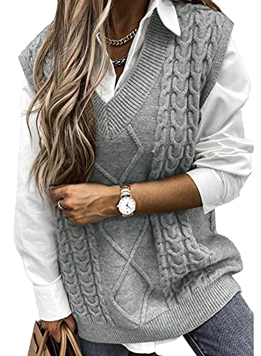 Pullunder Damen Ärmellos Pullover Vest Vintage Casual Strickweste V-Ausschnitt Weste Pullunder Winter Herbst Sweater Strickpullover,Grau S von Vancavoo
