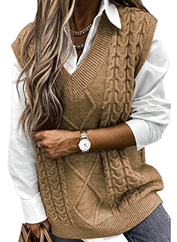 Pullunder Damen Ärmellos Pullover Vest Vintage Casual Strickweste V-Ausschnitt Weste Pullunder Winter Herbst Sweater Strickpullover,Khaki XL von Vancavoo