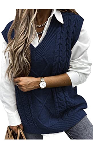 Pullunder Damen Ärmellos Pullover Vest Vintage Casual Strickweste V-Ausschnitt Weste Pullunder Winter Herbst Sweater Strickpullover,Navy blau M von Vancavoo