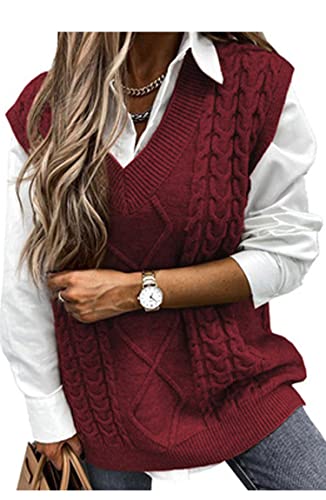Pullunder Damen Ärmellos Pullover Vest Vintage Casual Strickweste V-Ausschnitt Weste Pullunder Winter Herbst Sweater Strickpullover,Rotwein XL von Vancavoo