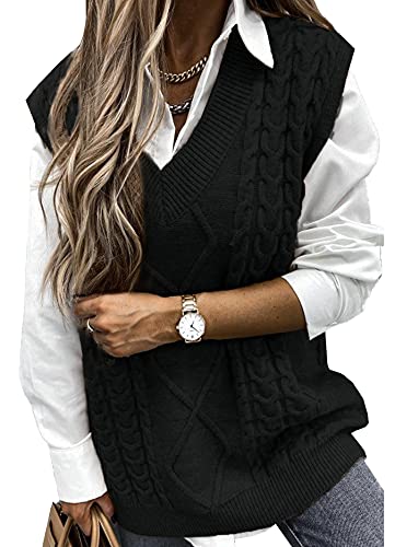 Pullunder Damen Ärmellos Pullover Vest Vintage Casual Strickweste V-Ausschnitt Weste Pullunder Winter Herbst Sweater Strickpullover,Schwarz XL von Vancavoo