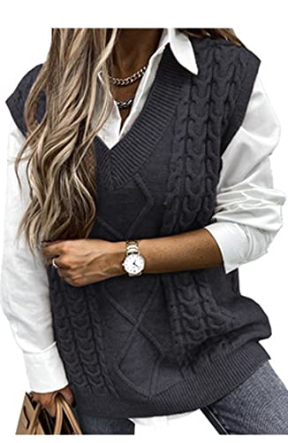 Pullunder Damen Ärmellos Pullover Vest Vintage Casual Strickweste V-Ausschnitt Weste Pullunder Winter Herbst Sweater Strickpullover,dunkelgrau M von Vancavoo