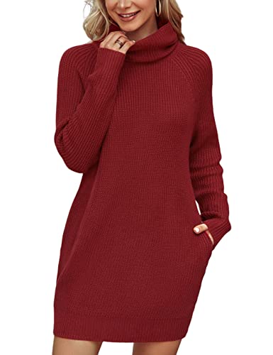 Rollkragenpullover Damen Langarm Strickpullover Lang Rollkragen Pullover Einfarbig Pulli Rollneck Strickpulli Warm Loose Sweater Herbst Winter mit Tasche,Rotwein S von Vancavoo