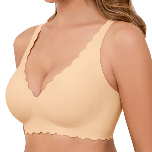 Vancavoo BH Damen Ohne Bügel Nahtloser Seamless V-Ausschnitt Bügelloser Push Up Bustier Soft T Shirt Schlaf Bra mit Zusätzlicher BH-Verlängerung,Dunkelbeige,XL von Vancavoo