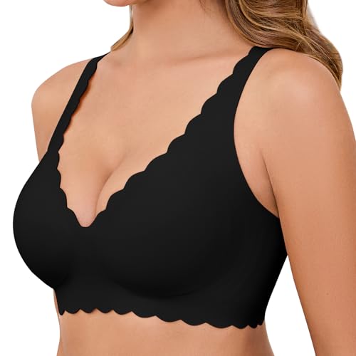 Vancavoo BH Damen Ohne Bügel Nahtloser Seamless V-Ausschnitt Bügelloser Push Up Bustier Soft T Shirt Schlaf Bra mit Zusätzlicher BH-Verlängerung,Schwarz,L von Vancavoo
