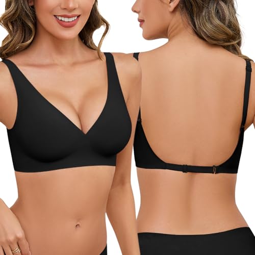 Vancavoo Rückenfreier BH Push Up Multiway BH für Rückenfreies Kleid Damen Bra Ohne Träger Unsichtbarer Bügel mit V-Ausschnit Bustier Unterwäsche,Schwarz,M von Vancavoo