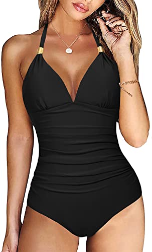 Vancavoo Badeanzug Damen Bauchweg Neckholder Bikini V Ausschnitt Push Up Bademode Raffung Bauchweg Vintage Einteilige Strandmode Swimsuit,Schwarz,XL von Vancavoo