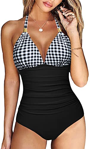 Vancavoo Badeanzug Damen Bauchweg Neckholder Bikini V Ausschnitt Push Up Bademode Raffung Bauchweg Vintage Einteilige Strandmode Swimsuit,Schwarz + Karo,L von Vancavoo