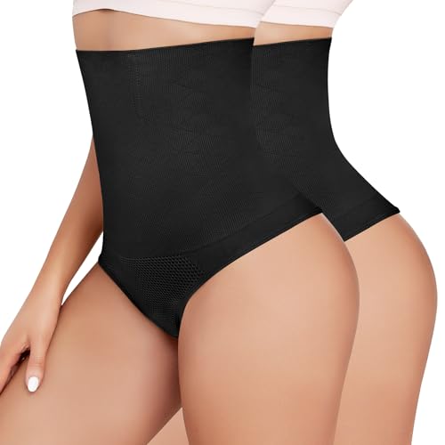 Vancavoo Bauchweg Unterhose Damen Tanga Shapewear Slips String Bauch Weg Unterhosen High Waist Miederhose Tummy Control Body Shaper Figurformende Unterwäsche,Schwarz*2,XL von Vancavoo