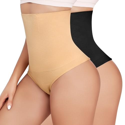 Vancavoo Bauchweg Unterhose Damen Tanga Shapewear Slips String Bauch Weg Unterhosen High Waist Miederhose Tummy Control Body Shaper Figurformende Unterwäsche,Schwarz+Beige,L von Vancavoo