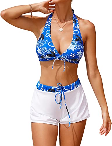 Vancavoo Bikini Damen Set Push Up Bikini High Waist Badeanzug Neckholder V Ausschnitt Bademode mit Bikini Hotpants Zweiteiliger Badeanzüge Strandmode Swimsuit,Blau+Blume,L von Vancavoo