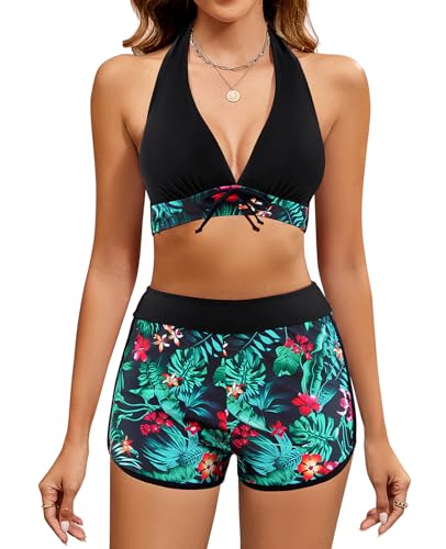 Vancavoo Bikini Damen Set Push Up Zweiteiliger Badeanzug Neckholder V Ausschnitt Bademode mit Bikini Hotpants High Waist Strandmode Swimsuit mit Blumenmuster,Schwarz+Grünes Blatt,L von Vancavoo