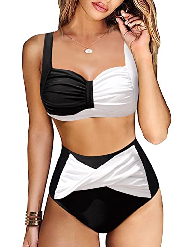 Vancavoo Bikini Damen Set High Waist Zweiteiliger Badeanzug Push Up Rüschen Einstellbar Bikinioberteil Bikini-Sets Bademode Curvy Swimsuit Beachwear,Schwarz weiß,L von Vancavoo