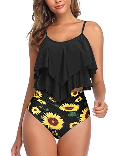 Vancavoo Bikini Set Damen Zweiteiliger Badeanzug Falbala Rüschen Tankini Bedruckt High Waist Bauchweg Bikinihose Bademode Strandkleidung Sommer,D S von Vancavoo