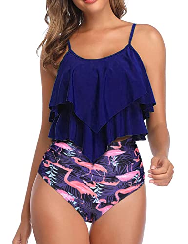 Vancavoo Bikini Set Damen Zweiteiliger Badeanzug Falbala Rüschen Tankini Bedruckt High Waist Bauchweg Bikinihose Bademode Strandkleidung Sommer (Navy blau, L) von Vancavoo