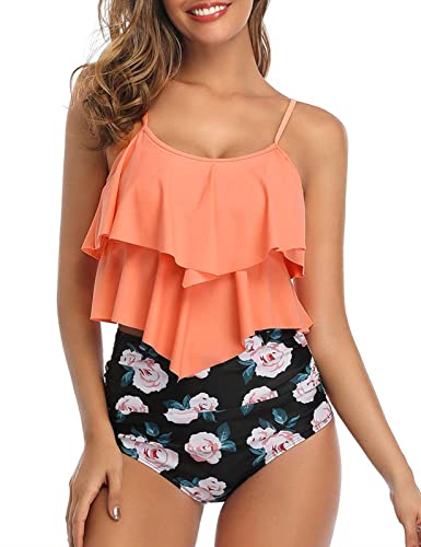 Vancavoo Bikini Set Damen Zweiteiliger Badeanzug Falbala Rüschen Tankini Bedruckt High Waist Bauchweg Bikinihose Bademode Strandkleidung Sommer (rosa, L) von Vancavoo