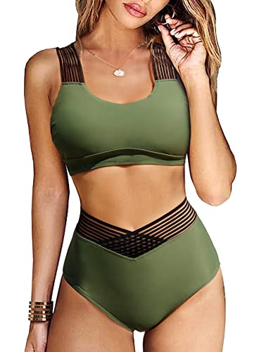 Vancavoo Bikini Damen Set High Waist Badeanzug Zweiteiliger Push Up Cross Back Bikinioberteil Breite Träger Bademode Swimsuit Beachwear,Grünes-Gitter,S von Vancavoo