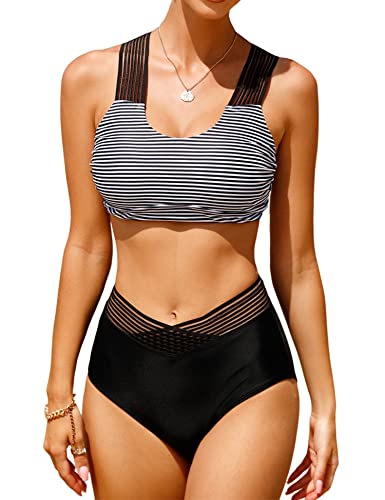 Vancavoo Bikini Damen Set High Waist Badeanzug Zweiteiliger Push Up Cross Back Bikinioberteil Breite Träger Bademode Swimsuit Beachwear,Schwarz Streifen,XXL von Vancavoo