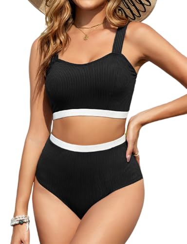 Vancavoo Damen Bikini Set Zweiteiliger Badeanzug Push Up Sport Bikini-Oberteil High Waist Elastische Gerippte Bademode Swimsuit,Schwarz+Weiß,XL von Vancavoo