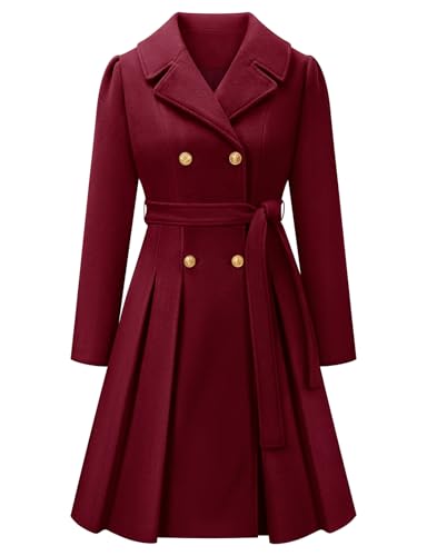 Vancavoo Damen Mantel Wintercoat Elegant Wollmantel Lang Winterjacke Revers Zweireihiger Coat Knielang Trenchcoat Winter A-Linie Jacke Outwear,Rotwein,S von Vancavoo