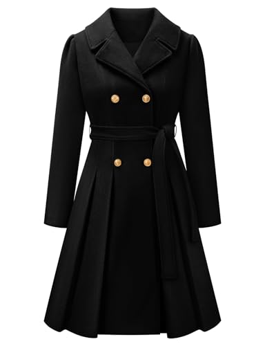 Vancavoo Damen Mantel Wintercoat Elegant Wollmantel Lang Winterjacke Revers Zweireihiger Coat Knielang Trenchcoat Winter A-Linie Jacke Outwear,Schwarz,L von Vancavoo