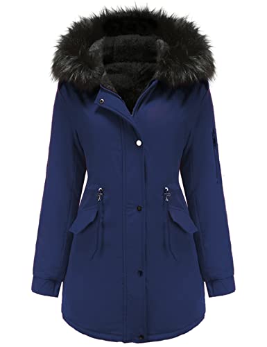 Vancavoo Damen Winterparka Mantel Winterjacke Parka Daunenmantel Herbst Winter Warm Kunstfellkragen Kapuzenmantel mit Tasche,Dunkelblau XL von Vancavoo