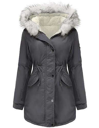 Vancavoo Damen Winterparka Mantel Winterjacke Parka Daunenmantel Herbst Winter Warm Kunstfellkragen Kapuzenmantel mit Tasche,Dunkelgrau,S von Vancavoo