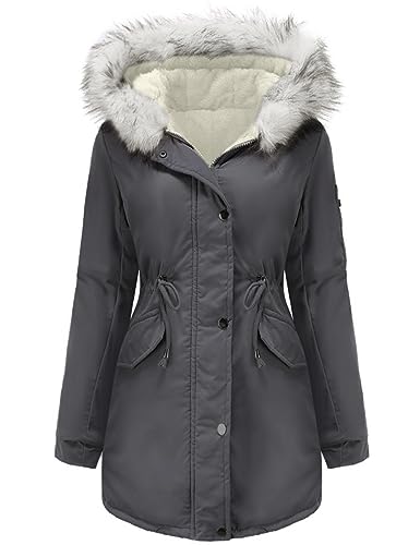 Vancavoo Damen Winterparka Mantel Winterjacke Parka Daunenmantel Herbst Winter Warm Kunstfellkragen Kapuzenmantel mit Tasche,Dunkelgrau,XL von Vancavoo