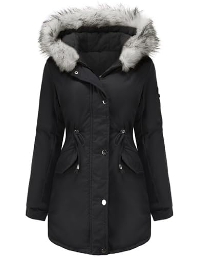 Vancavoo Damen Winterparka Mantel Winterjacke Parka Daunenmantel Herbst Winter Warm Kunstfellkragen Kapuzenmantel mit Tasche,Schwarz L von Vancavoo