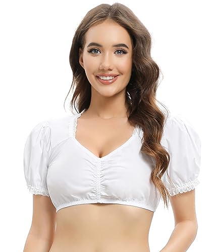 Vancavoo Dirndl Bluse Weiss Spitze Kurzarm Damen Dirndlblusen Transparent Elegante Trachtenbluse für Oktoberfest,Weiß-B,L von Vancavoo