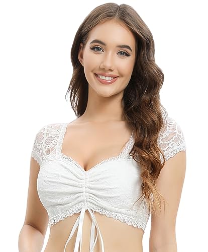 Vancavoo Dirndl Bluse Weiss Spitze Kurzarm Damen Dirndlblusen Transparent Elegante Trachtenbluse für Oktoberfest,Weiß-C,L von Vancavoo