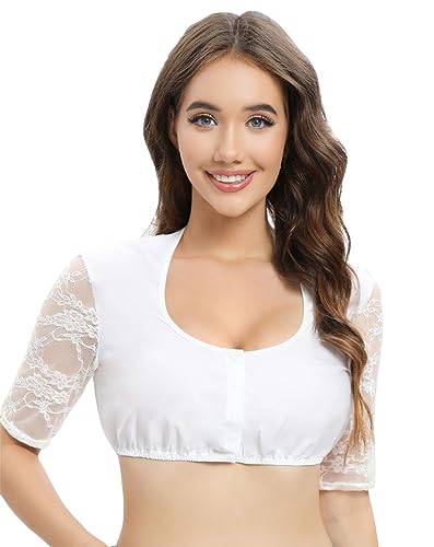 Vancavoo Dirndl Bluse Weiss Spitze Kurzarm Damen Dirndlblusen Transparent Elegante Trachtenbluse für Oktoberfest,Weiß-E,L von Vancavoo