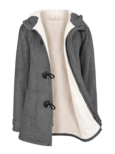 Vancavoo Fleecejacke Damen Lang Sweatjacke Lose Winterjacke Winter Warm Hoodie Jacke Reißverschluss Kapuzenpullover Fleece Kapuzenjacke Langarm Mantel Outwear,Dunkelgrau,S von Vancavoo