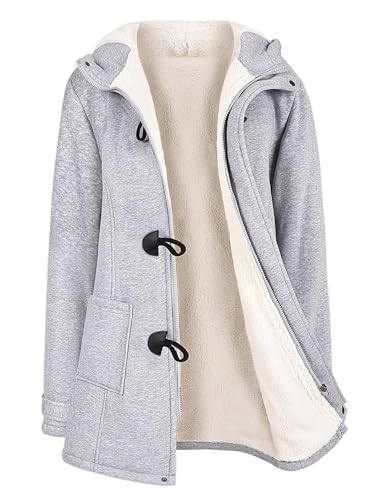 Vancavoo Fleecejacke Damen Lang Sweatjacke Lose Winterjacke Winter Warm Hoodie Jacke Reißverschluss Kapuzenpullover Fleece Kapuzenjacke Langarm Mantel Outwear,Hellgrau,XL von Vancavoo