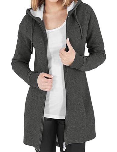Vancavoo Fleecejacke Damen Lang Winterjacke Sweatjacke Kapuzenjacke Zip Kapuzenpullover Lose Jacken Einfarbig Sweatshirt Langen Mantel Cardigan Outwear Mit Taschen,Dunkelgrau L von Vancavoo